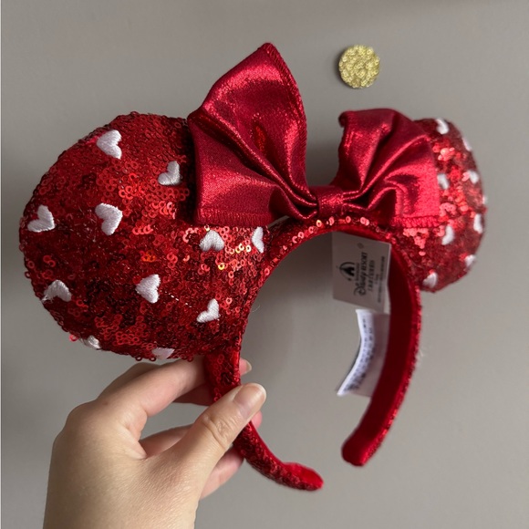 Valentine’s Day Minnie Mouse Ears Headband – Red Sequin with Heart Accents - Picture 4 of 8